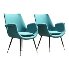 Pair of Green Chairs Midcentury Italian Design Curved Form Black Metal Brass