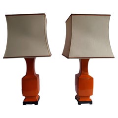 Chinoiserie Orange Porcelain Table Lamps, Mid-Century Modern