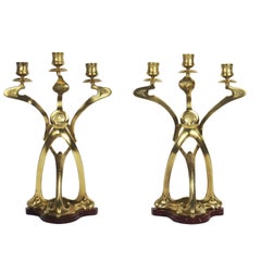 Antique Pair of Brass Art Nouveau Candelabras