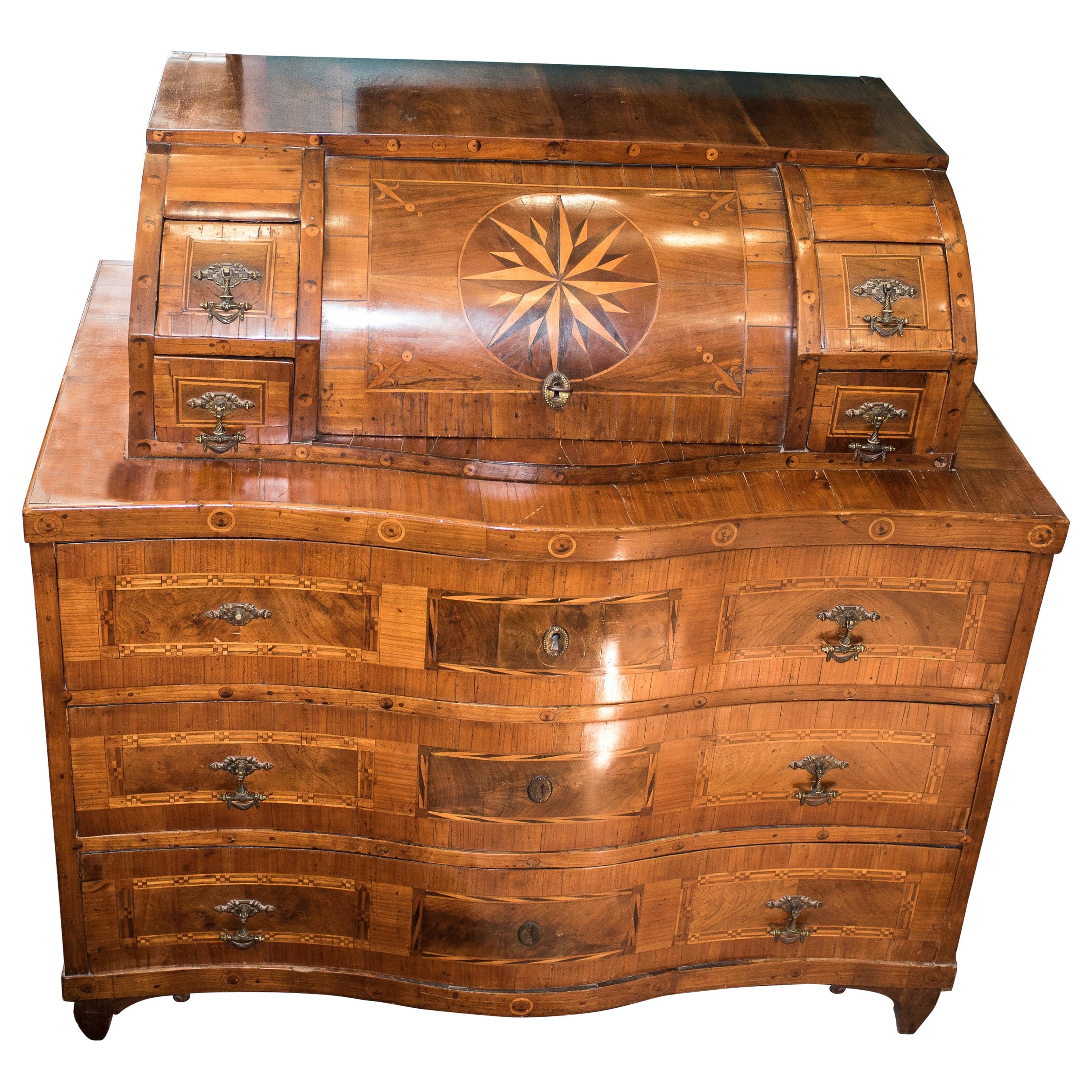 18th Century Baroque Intarsia Walnut Wood Austrian or Tyrolean Bureau, 1780