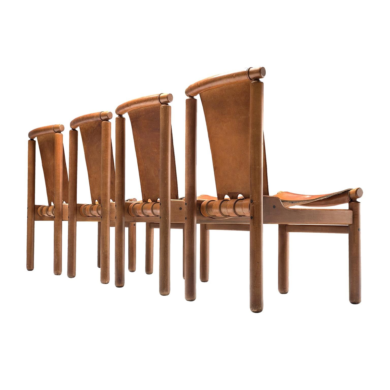 Set of Four Finnish Dining Chairs in Patinated Cognac Leather