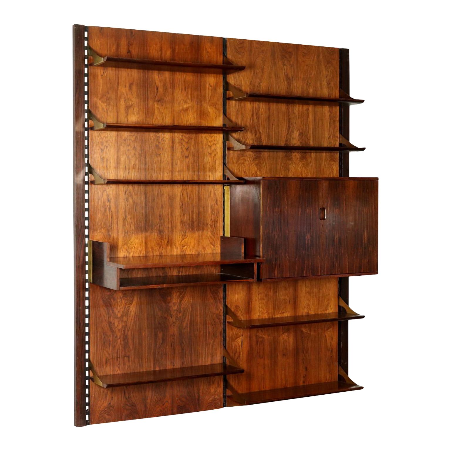 Wall Bookcase Wood Veneer Brass Vintage Italy 1960s