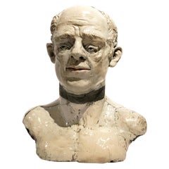 George, Raku Fired Modern White Ceramic Bust of Male Head by Pavel Amromin