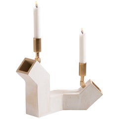'Conduit' Brutalist White Ceramic and Brass Duo Candelabra