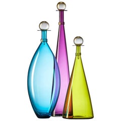 Set of Three Blown Glass Bottles in Vibrant Jewel Tones by Vetro Vero