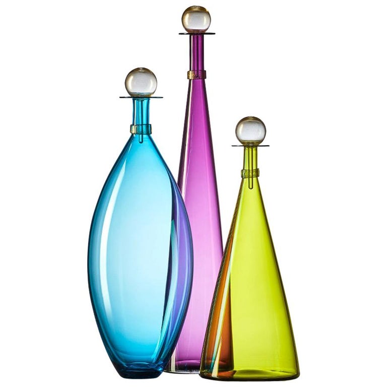 Set of Three Blown Glass Bottles in Vibrant Jewel Tones by Vetro Vero ...