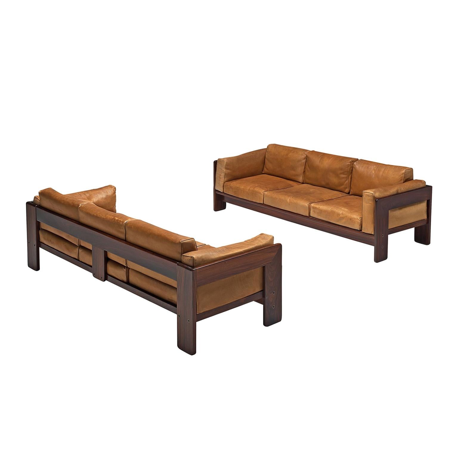 Tobia Scarpa Pair of 'Bastiano' Sofas in Rosewood and Cognac Leather