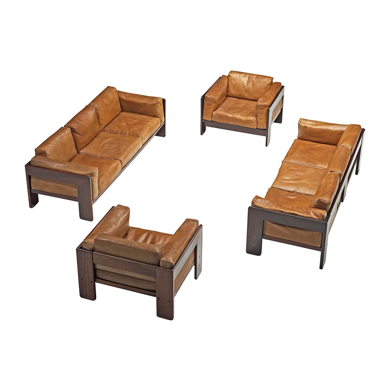 Tobia Scarpa 'Bastiano' Living Room Set in Rosewood and Cognac Leather