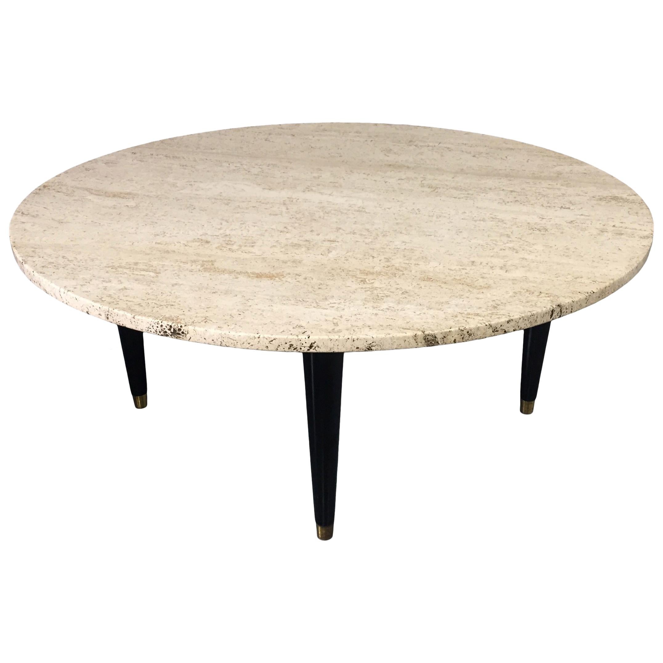 Travertine Round Midcentury Coffee Table in the Style of Ico Parisi at