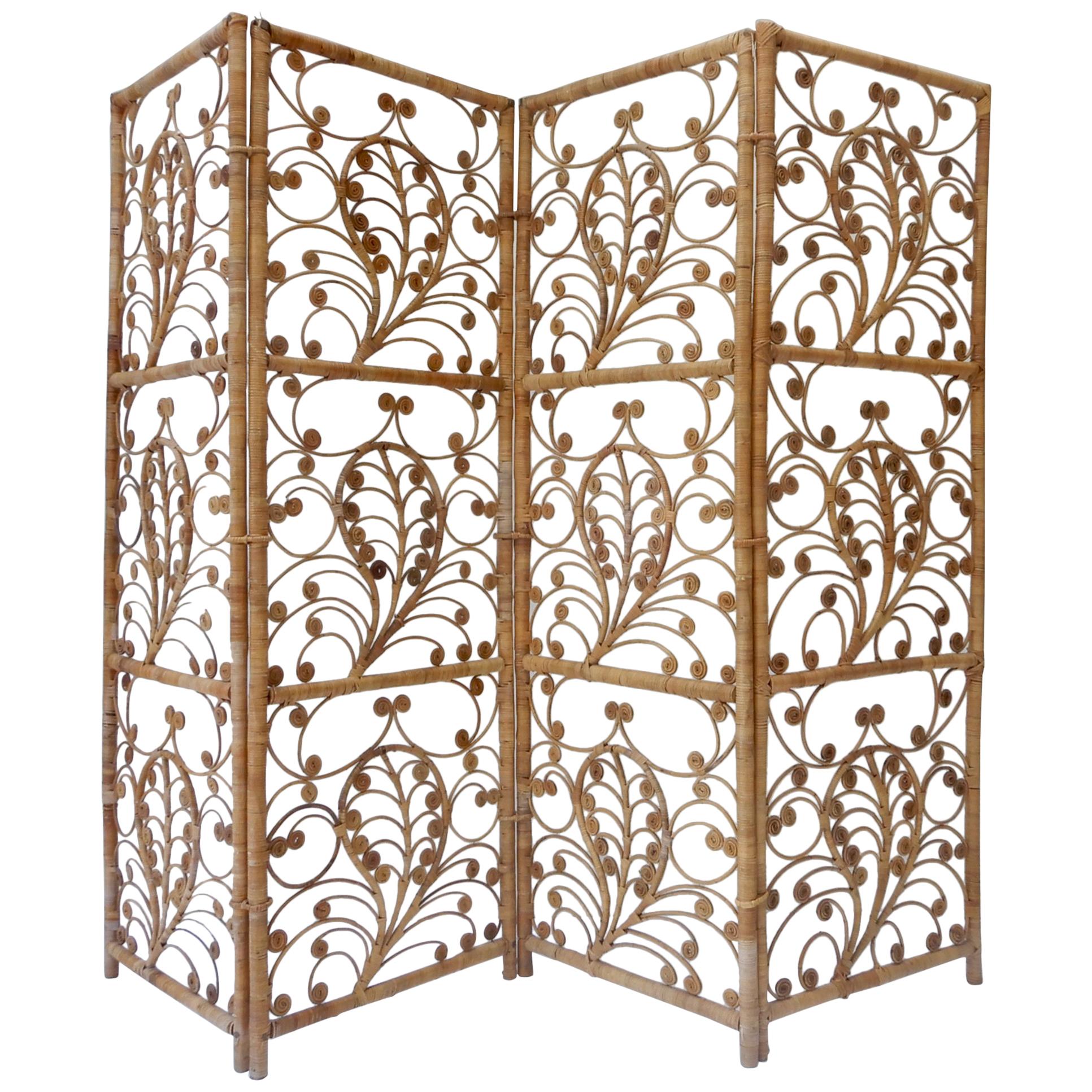 Four-Panel Rattan Screen Room Divider, 1940s For Sale
