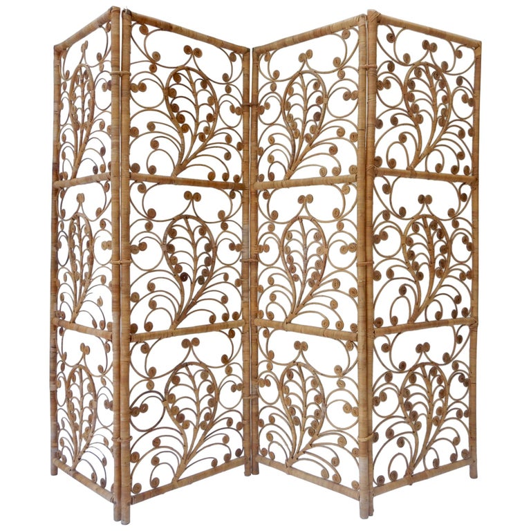 Four-Panel Rattan Screen Room Divider, 1940s For Sale