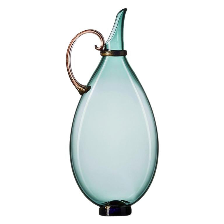 Colorful Handblown Art Glass Carafe, Blue-Green Jewel Tone with Gold Leaf Detail For Sale