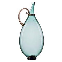 Colorful Handblown Art Glass Carafe, Blue-Green Jewel Tone with Gold Leaf Detail