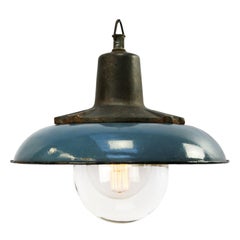 Blue Enamel Vintage Industrial Cast Iron Clear Glass Pendant Lamp