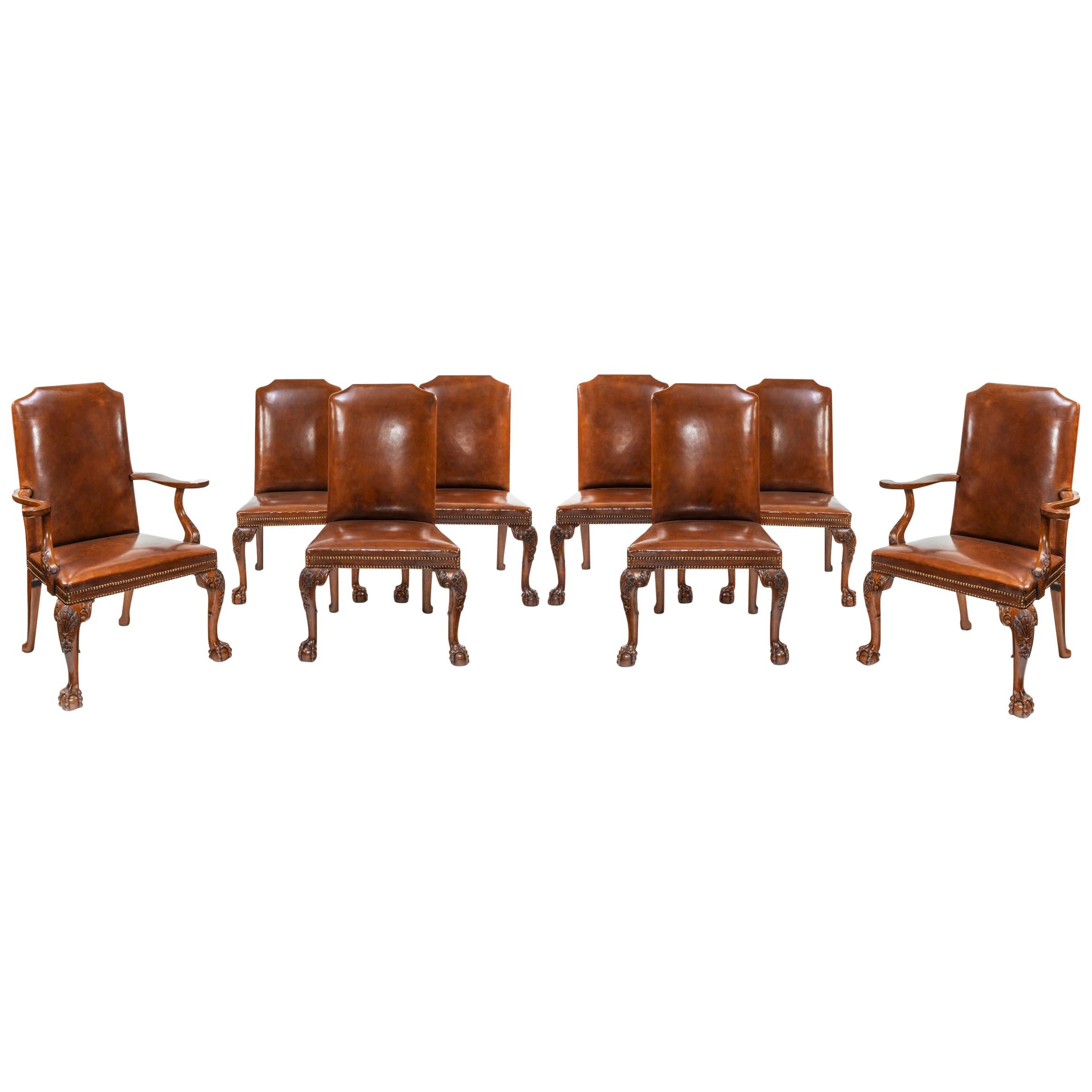 Fine Set of Eight Walnut and Leather Cabriole Leg Dining Chairs Queen Anne Style