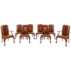 Fine Set of Eight Walnut and Leather Cabriole Leg Dining Chairs Queen Anne Style