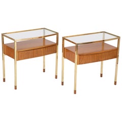 Pair of Italian Bleached Mahogany and Brass Bedside Tables