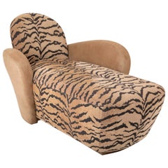A Mid Century Sofa/Chaise in Suede Leather and Tiger Fabric A Mid Century Sofa/Chaise in Suede Leather and Tiger Fabric