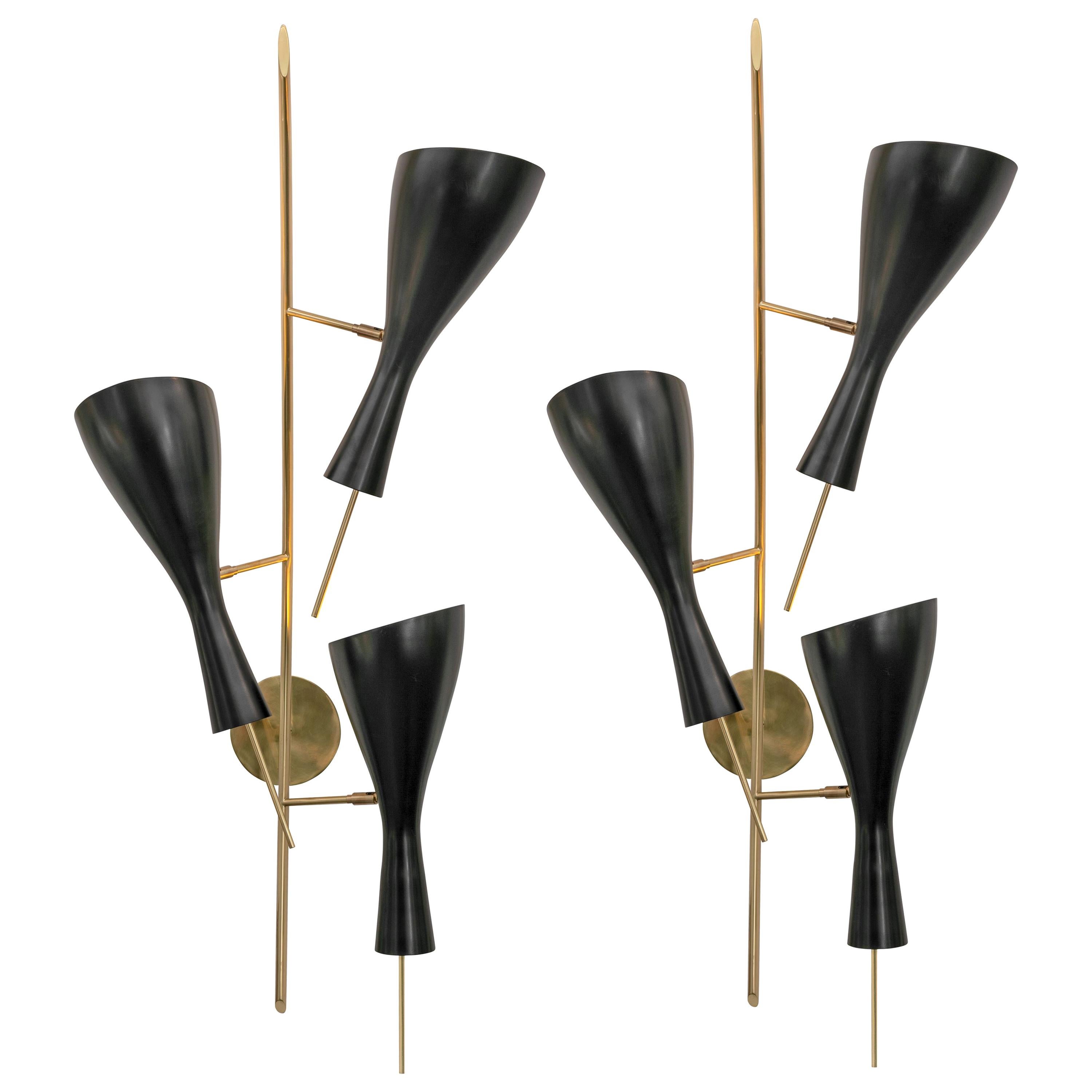 Italian Mid-Century Style Sconces with Black Metal Shades
