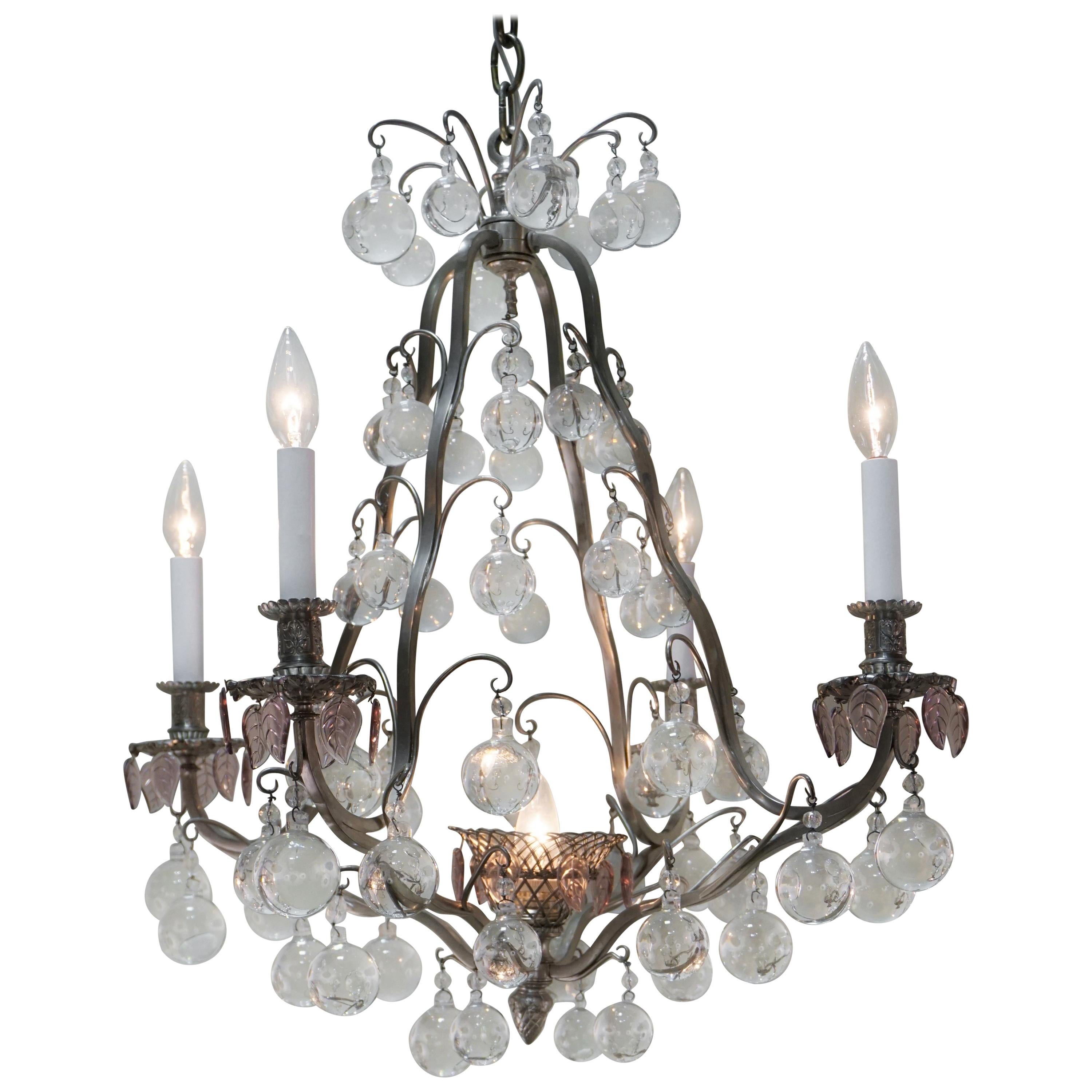 French 1930s Crystal and Silver Chandelier