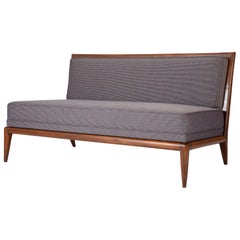 T.H. Robsjohn Gibbings Style Open Arm Settee in Walnut and Delany & Long Fabric