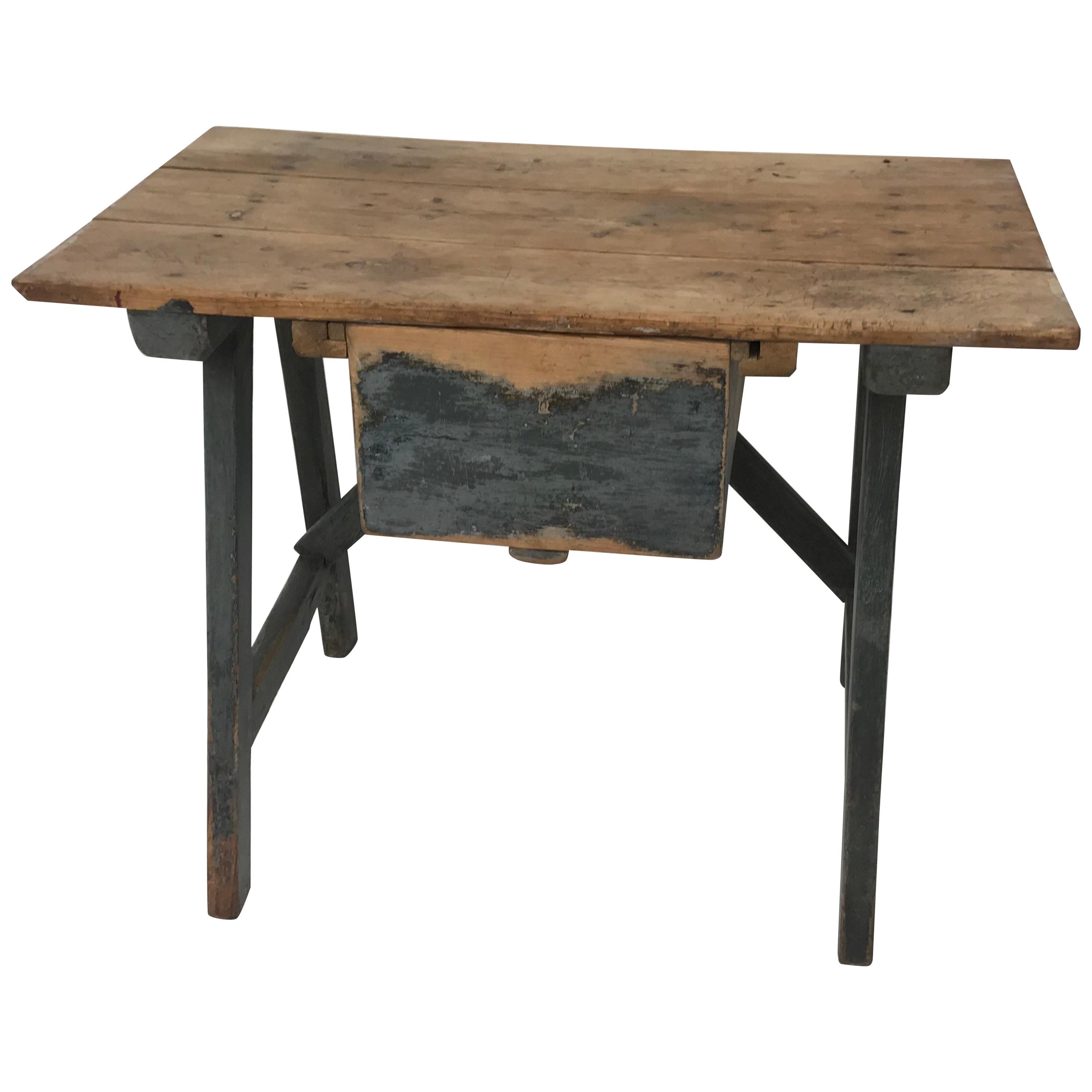 Brutalist Antique Patinated Spanish Trestle Table, 19 th Century