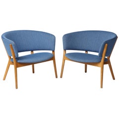 Nanna Ditzel ND83 Lounge Chairs Upholstered in Blue Fabric, Denmark, 1950s
