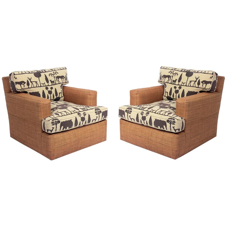 Style of Jean Michel Frank Design Lounge Chairs with Giacometti Fabric For Sale