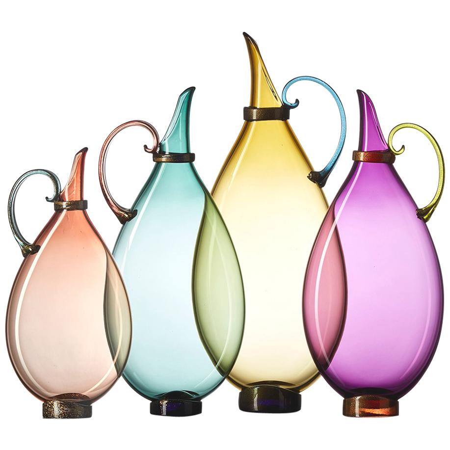 Set of Four Hand Blown Glass Amphora Decanters by Vetro Vero, Select Jewel Tones
