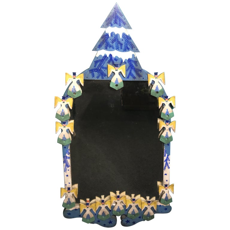 Peter Hunt Folk Art Painted Mirror with Snow Covered Tree and Angels at ...