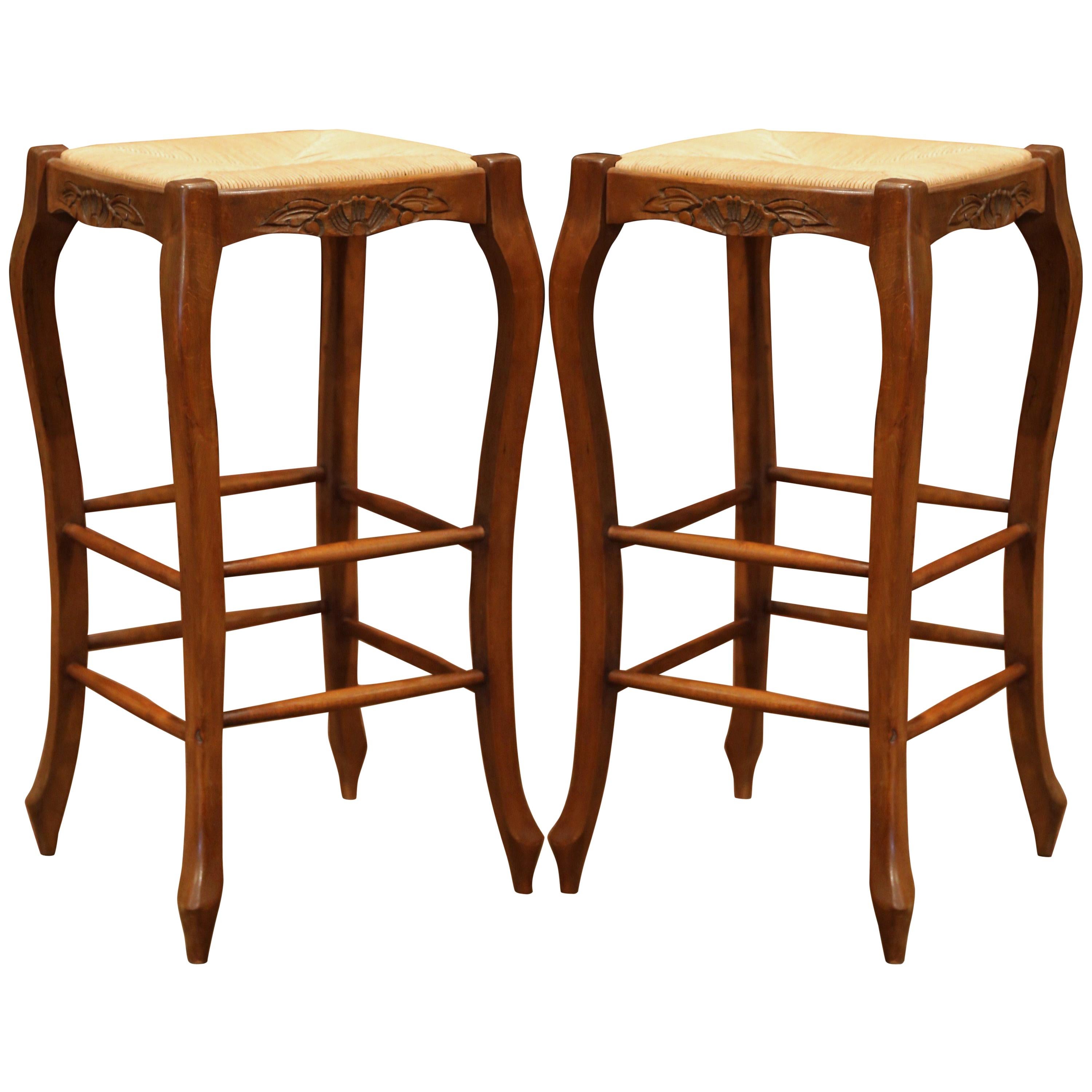 Pair of French Louis XV Carved Beech Wood Bar Stools with Rush Seat