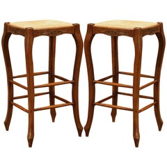 Used Pair of French Louis XV Carved Beech Wood Bar Stools with Rush Seat