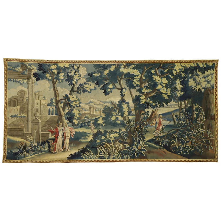 Louis XIV Style Antique French Aubusson Verdure Tapestry, Adonis, Venus, & Amour For Sale