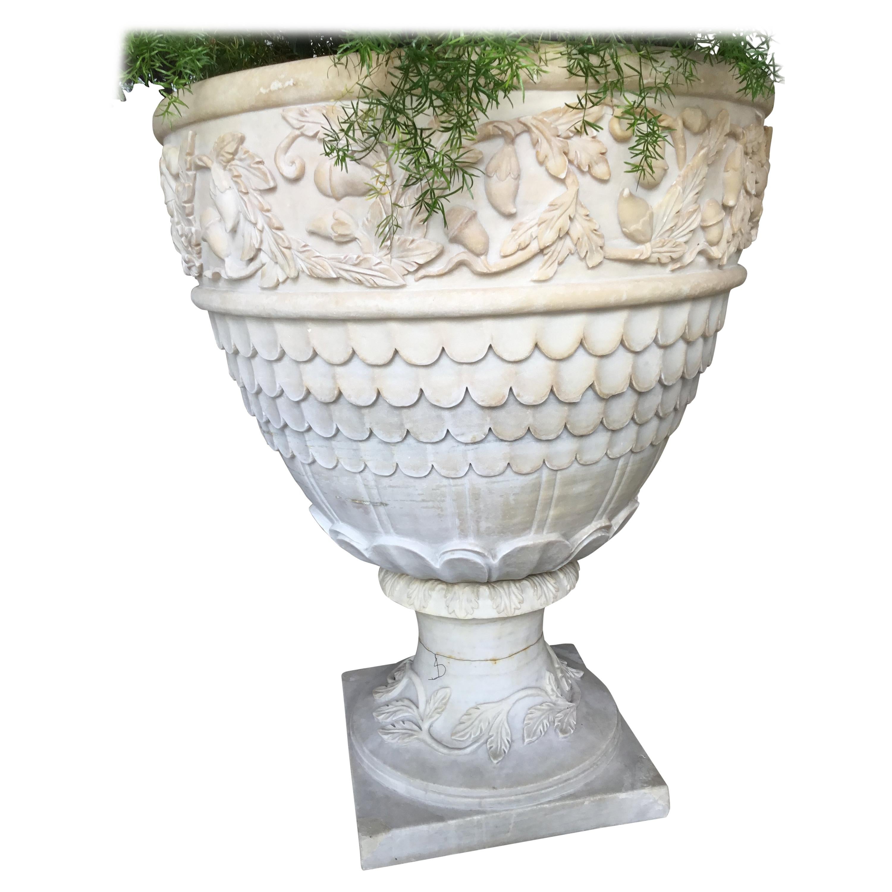 Pair of Large Grand Scale White Hand Carved Carrara Marble Garden Planters