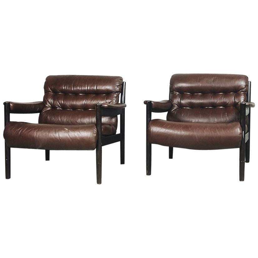 Elegant Swedish Leather Cabinet Armchair by DUX, 1970s, Set of 2 For Sale