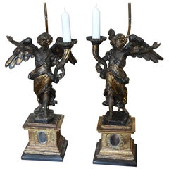 Antique Pair of Italian Carved Wood and Gilt Angel Reliquary Pricket Candelabra as Lamps