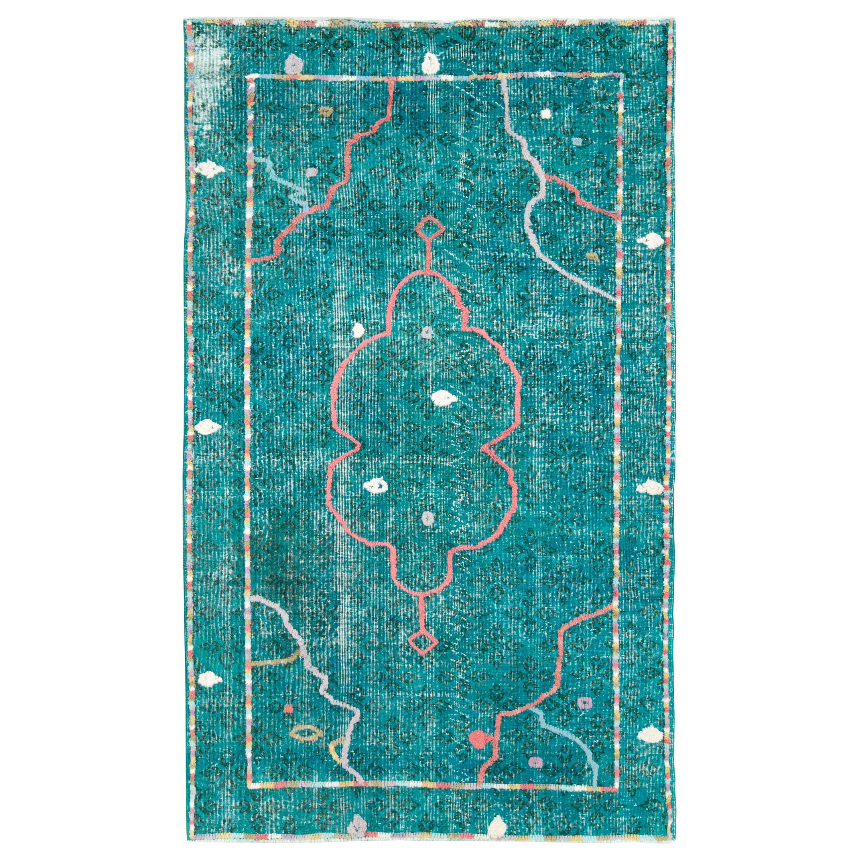 Contemporary Handmade Turkish Folk Rug With A Distressed Appeal In Turquoise  For Sale