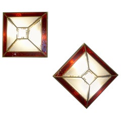 Italian 1950s Art Deco Style Pair of Red White Frosted Glass Sconces/Flushmounts