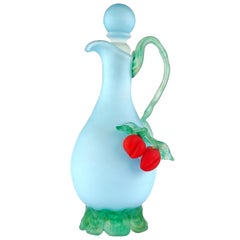 Murano Vintage Style Satin Blue Red Cherries Italian Art Glass Pitcher Ewer