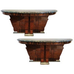 Pair of French Art Deco Demilune Consoles in Burl with Marble Top