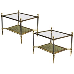 Brass Side Tables with Cane Motif and Glass Tops, Maison Jensen Attributed, Pair