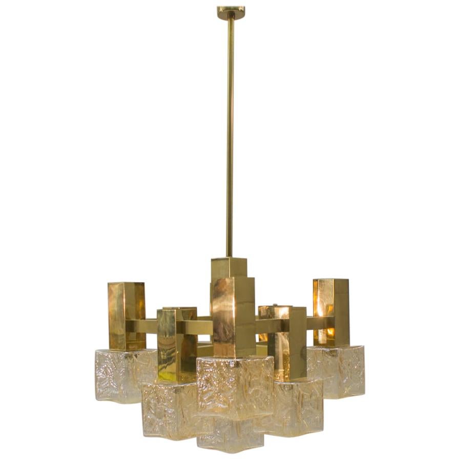 Vintage Brass with Chandelier with Square Glass Shades by Sciolari, Italy, 1960s