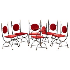 Set of Six Midcentury Chairs in Wrought Iron and Brass