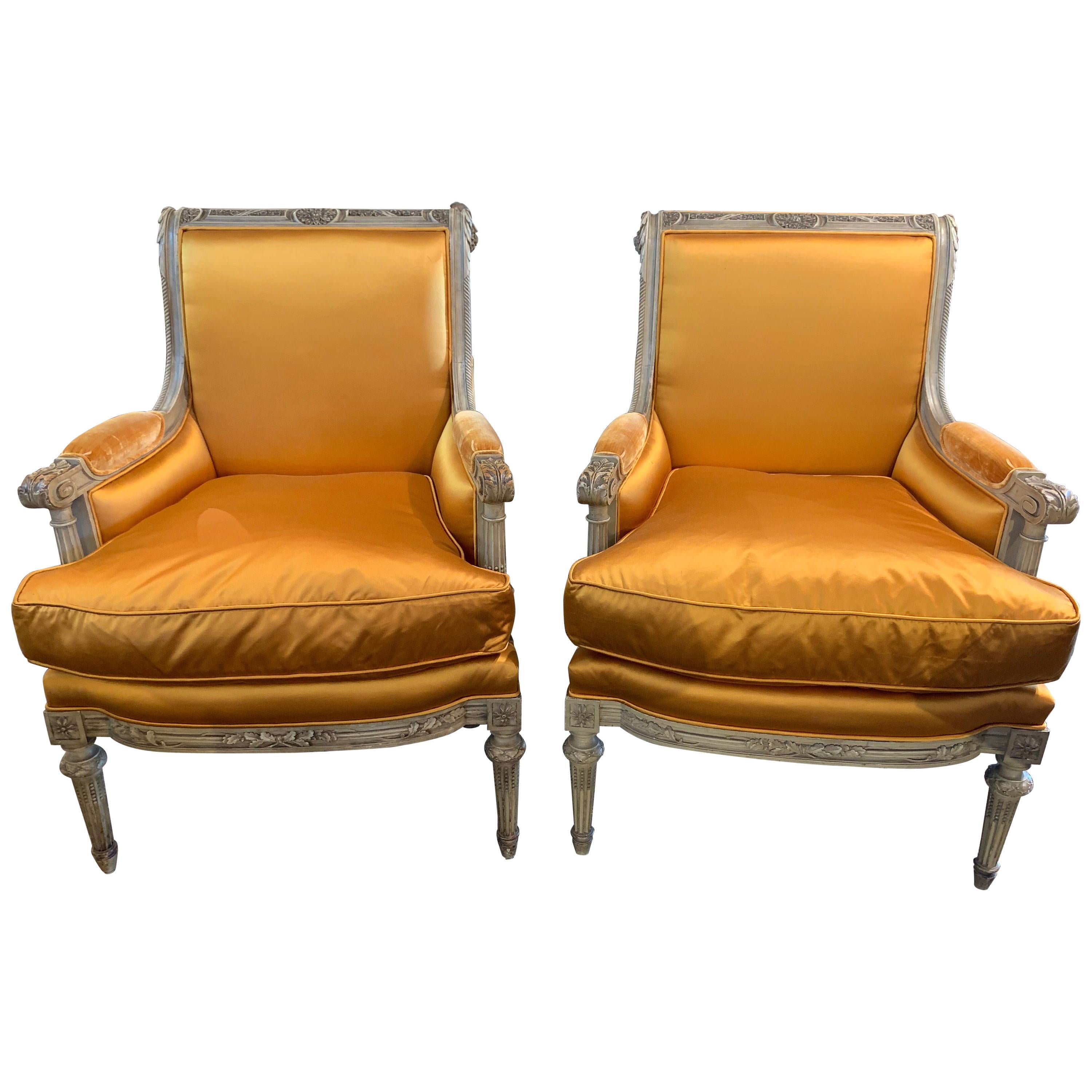 Pair of 19th Century French Louis XVI Carved Armchairs with Silk Upholstery
