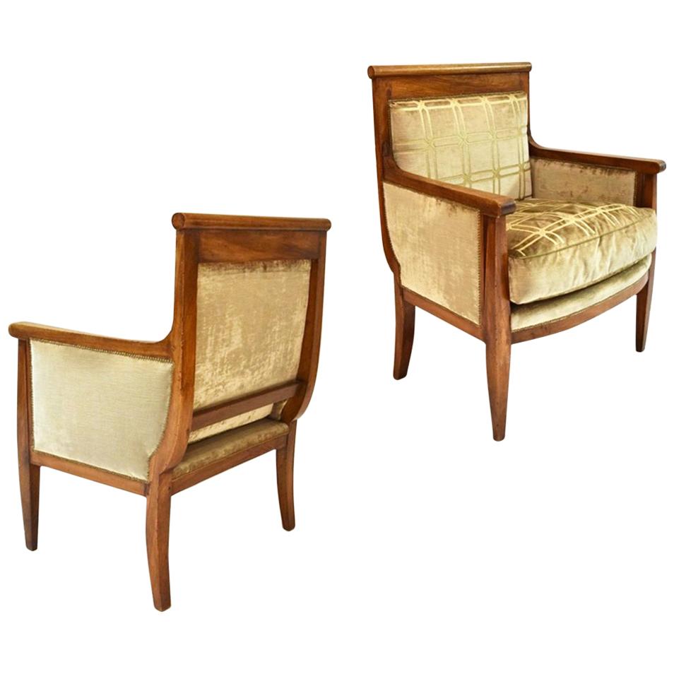Pair of Solid Wood Armchairs in Embroidered Velvet, France Circa 1915