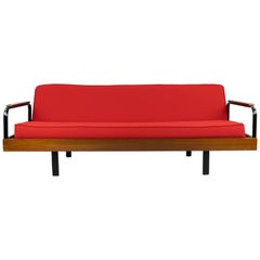 Midcentury Iron and Red Canvas French Sofa and Armchairs after Prouve, 1950s