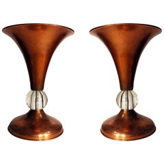 Pair of Copper Midcentury Half Glass Torchiere Table Lamps