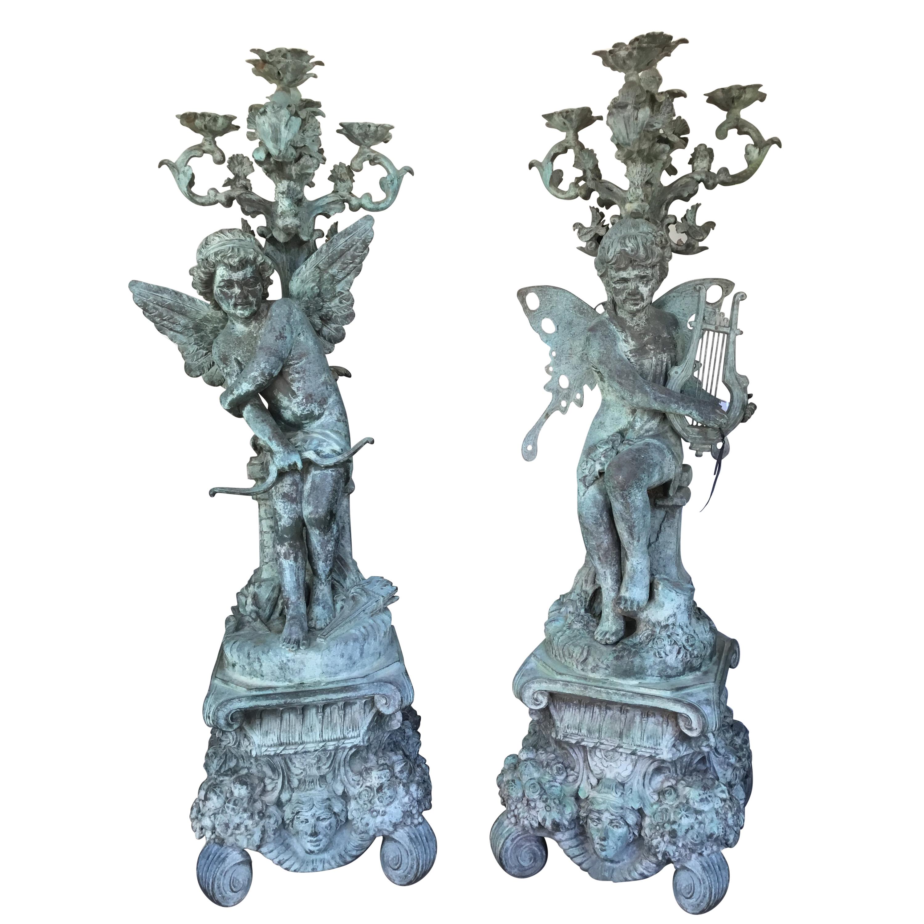 Large Pair of French Style Verde Bronze Torchiers Having 5 Lights for Garden For Sale