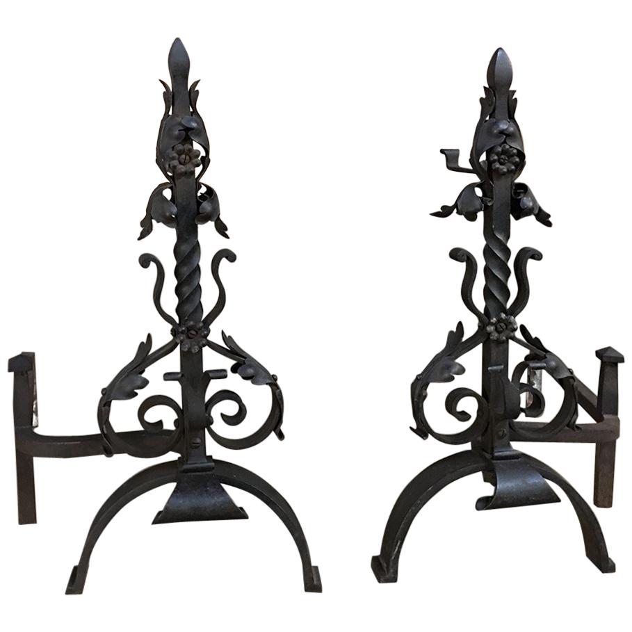 Pair 19th Century French Wrought Iron Andirons