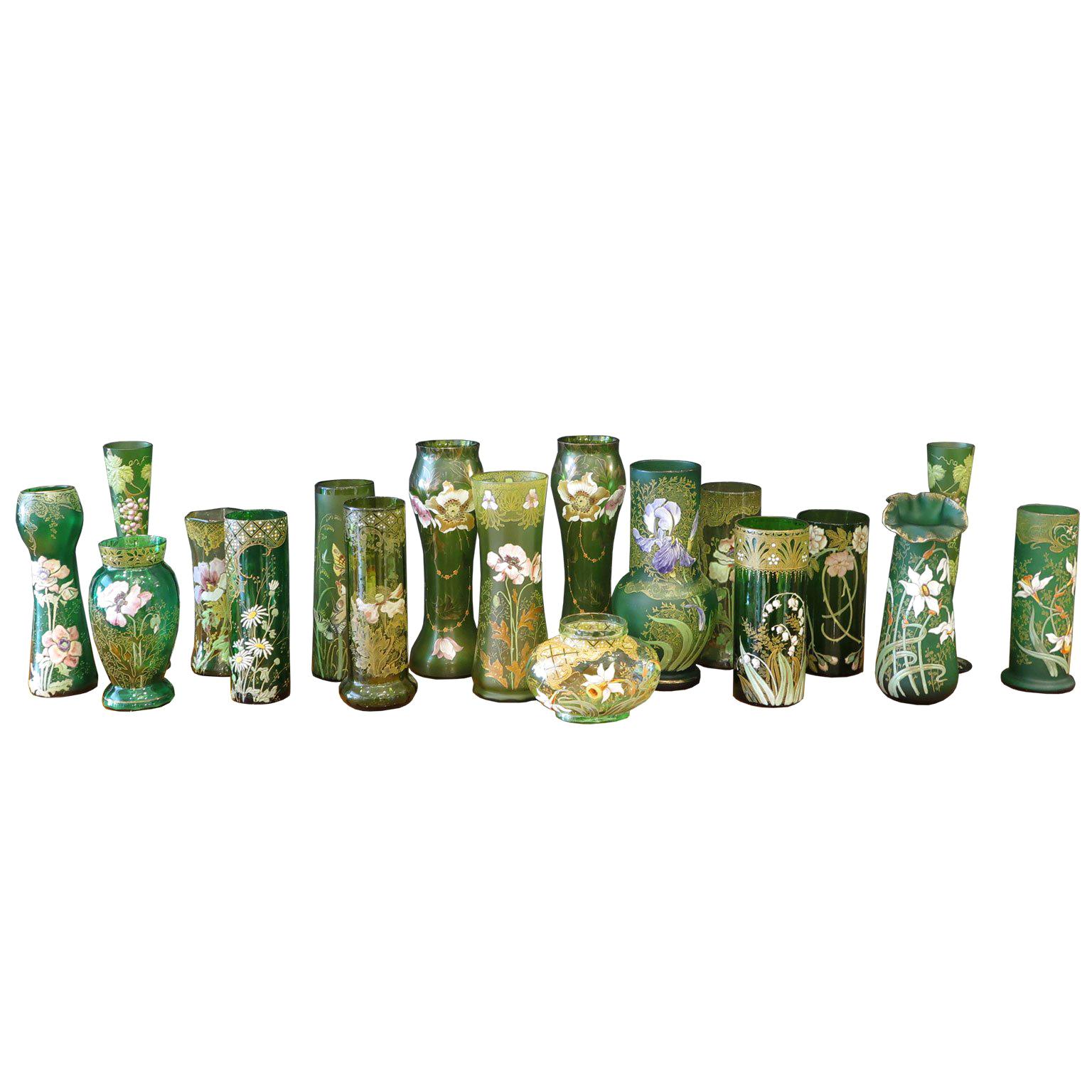 Collection of 18 Green Glass Vases with Enamel Florals For Sale